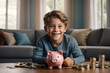 © New generate - boy smailing save money on piggy bank in living room