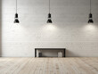 Empty white brick wall, black lamps with copy space, baner, lamps background 3d render, Generative AI