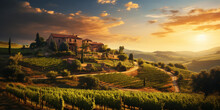Vineyard Landscape With An Old Winery Building On A Hill In A Sunset Sun Rays. Rows Of Grapes. Generative AI