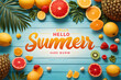 Hello, summer vector banner template. Hello, summer text in white space border with colourful beach elements like tropical fruits and a beach ball in blue wood textured background design.