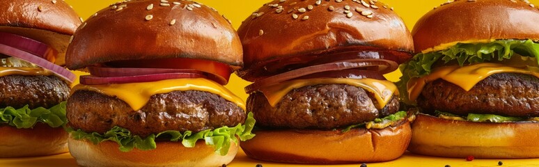 Canvas Print - Commercial food photography, a group of tempting various different burgers against yellow background