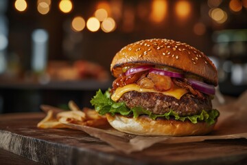Wall Mural - Gourmet cheeseburger on a wooden board against blurred restaurant interior background