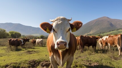 Wall Mural - Herd of Cattle Standing on Top of Lush Green Field