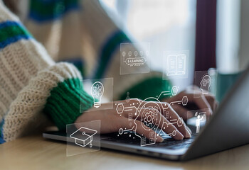 Wall Mural - human use laptop technology internet learning and study online class technology network, e-learning,