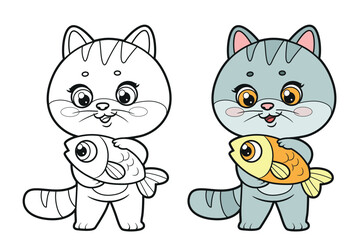 Wall Mural - Cute cartoon kitten with fish pet color and outlined variations for coloring page on a white background