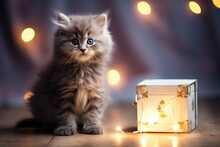Abstract Colorful Background Of Kitten And Gift Box