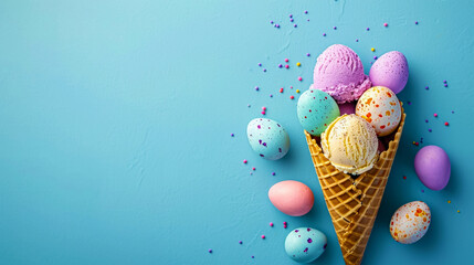 Wall Mural - Top view of a waffle cone with colorful Easter eggs on a blue background. Creative and unusual greeting