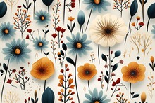  Flowers Seamless Pattern. Poppies, Chicory, Cosmos Flowers, Bluebells.