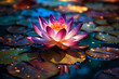 Vibrant lotus flower reflects beauty in tranquil pond