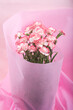 ピンクの背景のピンクの縁取りの白いカーネーションの花束