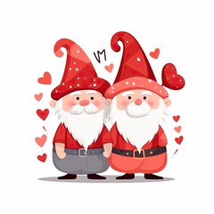 Wall Mural - Vector illustration of gnome in red dress cuddling on Valentine’s day , white background