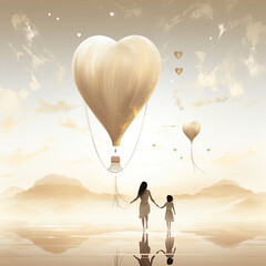 Wall Mural - Mothers Day card with cute trendy watercolor illustrations of mom and daughter, with a big air balloon made of love 