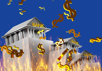 Poster - The crisis of the banking system. Risky bank deposits.  Bank buildings standing askew.  Falling financial markets.  Problems with deposits. 3d image