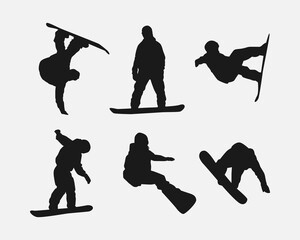 Vector set silhouettes of snowboarder. Snowboard sport. Isolated on white background.