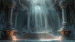  dark mythical aquamarine cathedral with stone steps, epic fantasy scenes, ray lights, game or wallpaper background 
