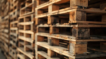 Wood Pallet Stack In Warehouse Emphasizes Eco-friendly, Sustainable Features For Shipping And Supply Chains. 