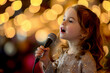 © Truprint - charming little girl with curls sings emotionally with microphone, against bokeh background, young girl in sparkling dress, her face alight with joy. backdrop is beautiful bokeh of warm lights
