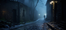 Man Walking In A Dark Alley At Night. Horror Movie Concept. Silhouette Of A Man Walking In A Dark Alley At Night