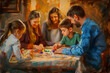 painted family in board game, warm indoor setting, children and adults playing together, family time, cozy atmosphere, fun, parents with children, home environment, artistic, vibrant colors, playful