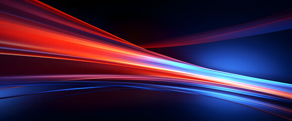 Wall Mural - Abstract modern artwork with high speed sync blue and red lights background. Dark navy and orange tones, vibrant colorscape with high horizon lines.