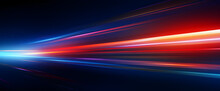 Abstract Modern Artwork With High Speed Sync Blue And Red Lights Background. Dark Navy And Orange Tones, Vibrant Colorscape With High Horizon Lines.