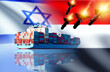 © Grispb - Missile attack on ship. Flags of Israel and Yemen. Assault on ship in red sea. Attack on sea vessel. War between Israel and Yemen. Israeli vessel came under attack. Yemen aggression.