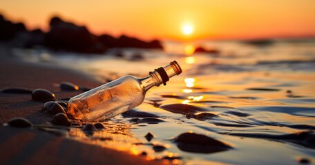 Dusk's Whisper - Message in the bottle against the Sun setting down