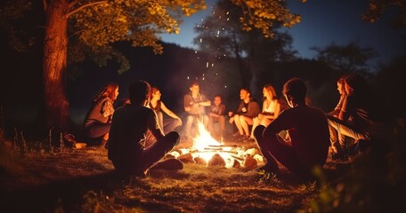 The Warm Company of Friends United in Song Around a Bonfire