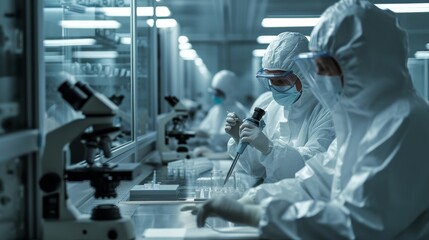 Wall Mural - Scientists in Sterile Cleanroom Suits Control Manufacturing Machinery Work and Use Microscopes for Research, Doctors do tests in the laboratory.