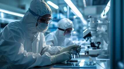 Wall Mural - Scientists in Sterile Cleanroom Suits Control Manufacturing Machinery Work and Use Microscopes for Research, Doctors do tests in the laboratory.