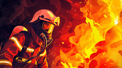 Wall Mural - Group of professional firefighters wearing full equipment, oxygen masks, and emergency rescue tools,emergency workers illustration