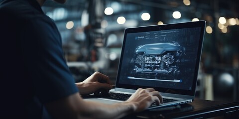 Computer diagnostics. An automotive mechanical technician using laptop computer programming. Car maintenance service concept