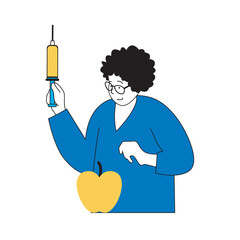 Poster - Science laboratory concept with cartoon people in flat design for web. Scientist making genetically modified food and testing fruit. Vector illustration for social media banner, marketing material.