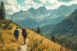© Degimages - Hikers trekking through mountain trails, high in the mountain. Nature landscape.