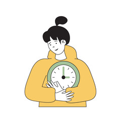 Wall Mural - Time management concept with cartoon people in flat design for web. Woman with clock controlling her work processes and productivity. Vector illustration for social media banner, marketing material.