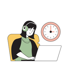 Poster - Time management concept with cartoon people in flat design for web. Woman works at laptop and finishing project tasks to deadline. Vector illustration for social media banner, marketing material.