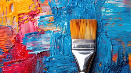 Vibrant Artistic Concept: Paintbrush and Colorful Palette in Blue Background