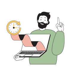 Poster - Time management concept with cartoon people in flat design for web. Man works in workflow at laptop with countdown clock to deadline. Vector illustration for social media banner, marketing material.