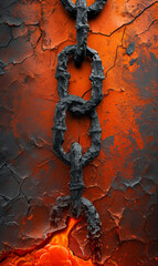 Poster - Rusty chain links over a fiery orange cracked surface, resembling flowing lava.