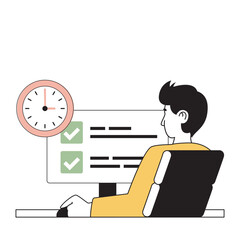 Wall Mural - Time management concept with cartoon people in flat design for web. Man productively working at computer and finishing schedule tasks. Vector illustration for social media banner, marketing material.