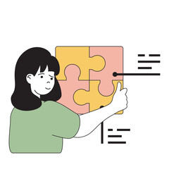 Wall Mural - Time management concept with cartoon people in flat design for web. Woman solving puzzles and finding solution, makes optimization. Vector illustration for social media banner, marketing material.