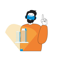 Aufkleber - Virtual reality concept with cartoon people in flat design for web. Man in VR headset constructing architecture project hologram. Vector illustration for social media banner, marketing material.