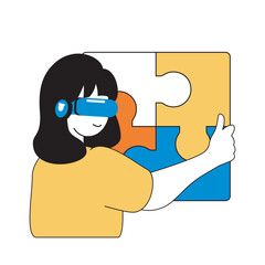 Aufkleber - Virtual reality concept with cartoon people in flat design for web. Woman in VR headset assembling puzzle pieces and project problem. Vector illustration for social media banner, marketing material.