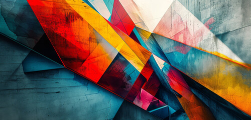 Wall Mural - Sharp geometric shapes in a colorful grunge texture, bursting with red and blue.