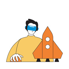 Poster - Virtual reality concept with cartoon people in flat design for web. Man in VR headset launching startup e-business, developing company. Vector illustration for social media banner, marketing material.