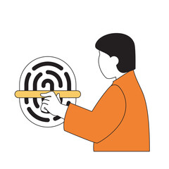 Fototapete - Virtual reality concept with cartoon people in flat design for web. Man uses fingerprint scan for biometrics identity, safety access. Vector illustration for social media banner, marketing material.