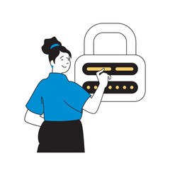 Aufkleber - Virtual reality concept with cartoon people in flat design for web. Woman using safety access with password and firewall protection. Vector illustration for social media banner, marketing material.