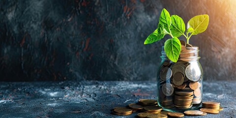 Growth concept with coins and plant symbolizing invest finance business money tree showing economy financial banking success leaf profit savings green nature in jar for retirement income economic