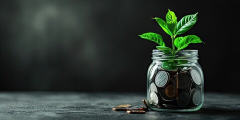 Growth concept with coins and plant symbolizing invest finance business money tree showing economy financial banking success leaf profit savings green nature in jar for retirement income economic