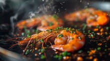 Seafood, Professional Cook Prepares Shrimps With Sprigg Beans. Cooking Seafood, Healthy Vegetarian Food And Food On A Dark Background. Horizontal View. Eastern Kitchen